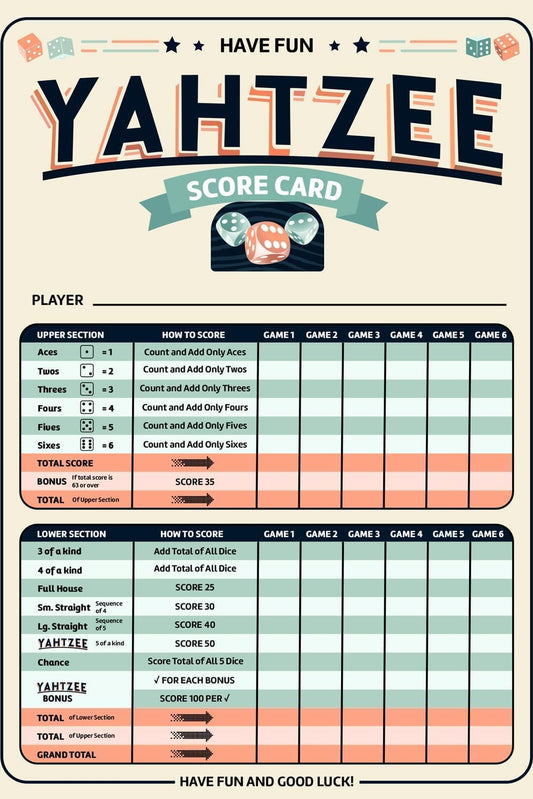 Yahtzee Score Sheets – Loose Double-Sided A5 Sheets – Full Color, 150gsm Premium Paper – Score Cards for Yahtzy, Yatzee & Dice Games