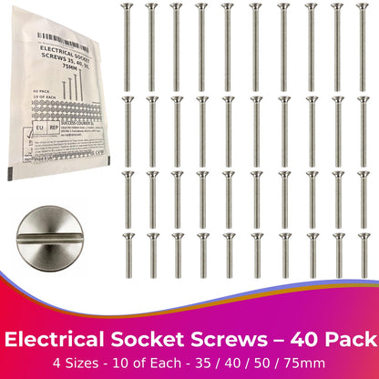 Electrical Socket Screws | Assorted Pack | 40 Pieces | 4 Lengths | 35, 40, 50, 75mm | Socket Faceplate Fixings Replacement Screws