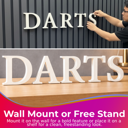 DARTS 3D Wall Letters Sign – Freestanding or Wall Mounted Darts Room Decor – Man Cave Games Room Dartboard Sign for Dad (White)