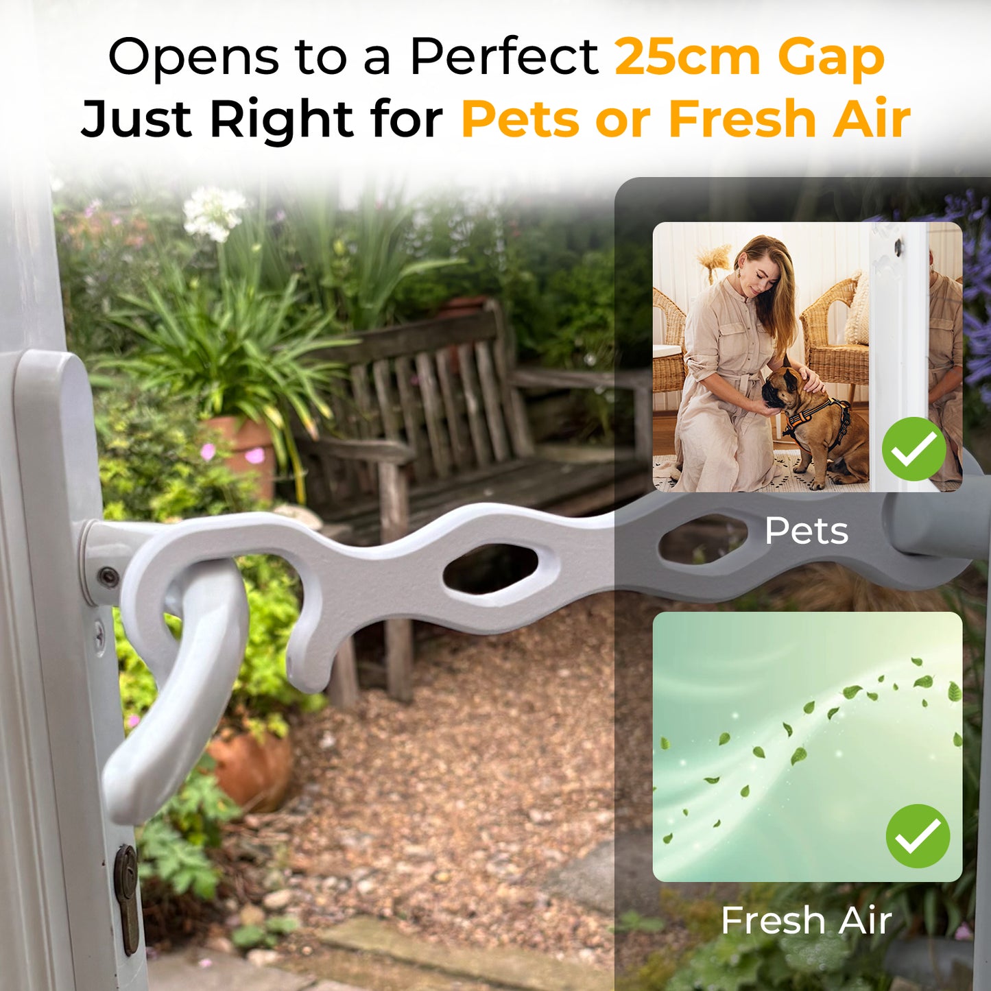 25cm XL French Door Stay with Wind-Resistant Twist-Lock – Patio Door Holder/Restraint – Large Dog & Pet Access – Secure Hold Open for French & Patio Doors - White